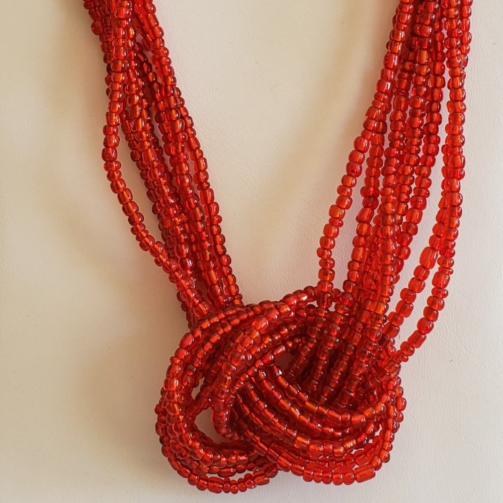 Red Seed Bead Long Necklace and Earring Set